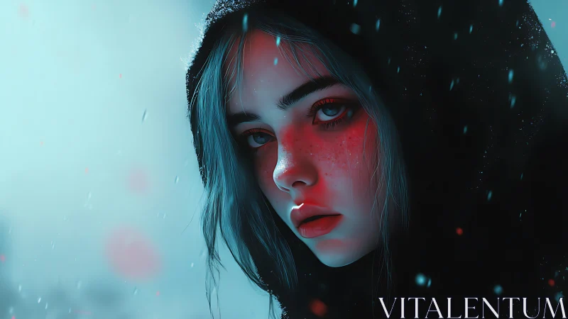 Moody hooded girl in glowing blue and crimson light.