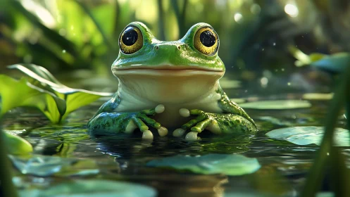 Golden-eyed frog rests in tranquil sunlit pond habitat.