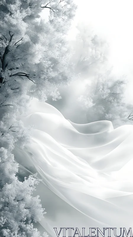 Silken winter mist drifts gently through frosted forest light