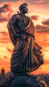 Regal warrior statue blazing against ember drenched sky.