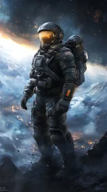 Armored space explorer overlooking fiery alien horizon.