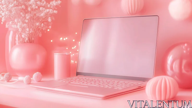 Monochrome pink workspace with laptop and decorative objects.