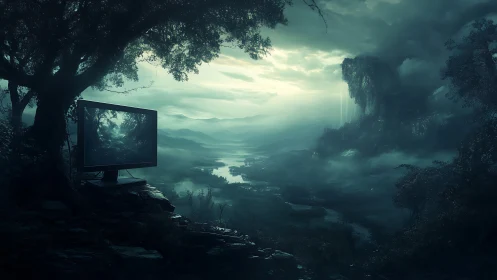 Digital monitor portal in mist-laden cinematic valley landscape.