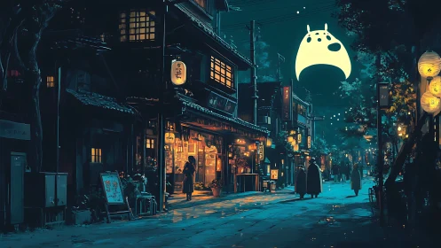 Neonlit old town street under giant glowing spirit sign.