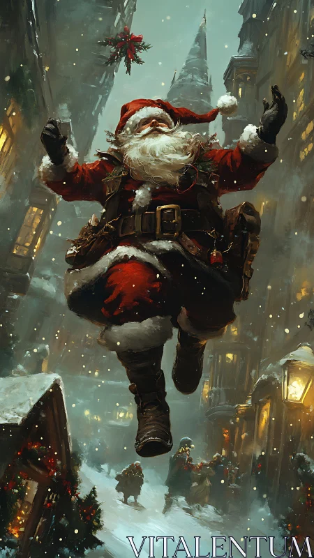 Santa leaps through a snowy Victorian street in warm light