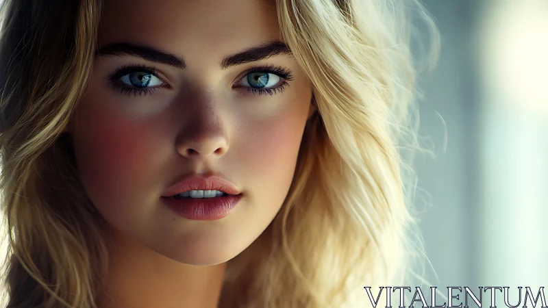Gentle gaze of a sunlit blonde woman with soft serenity.