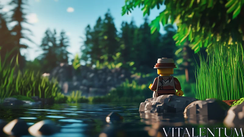 Lego explorer gazes over a tranquil forest river at dawn