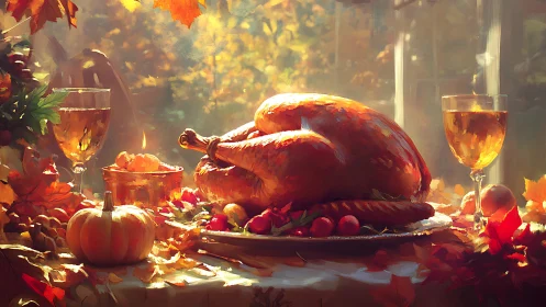 Roast turkey centerpiece in sunlit autumn harvest still life