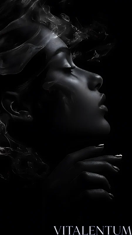 Side profile portrait with rising smoke in dark space.