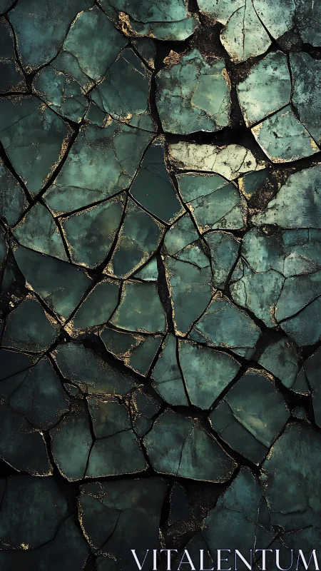 Shattered teal stone surface reveals golden fracture veins