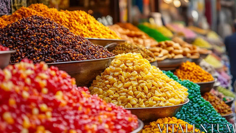 Colorful dried fruits fill metal bowls in vibrant street market