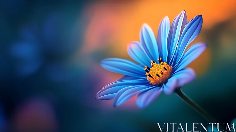 Blue Daisy with Golden Center Against Gradient Bokeh Background.