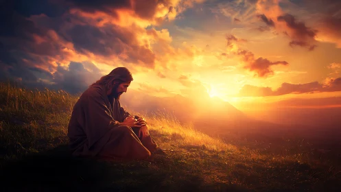 Quiet hillside prayer bathed in golden sunset light.