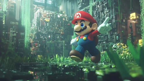 Joyful red-capped hero exploring a lush neon jungle city.