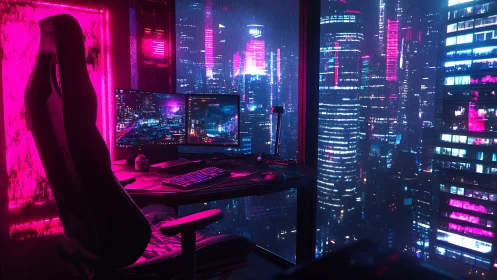 Dual-monitor cyberpunk workstation overlooks neon cityscape
