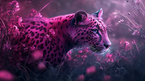 Leopard in monochromatic magenta floral environment.