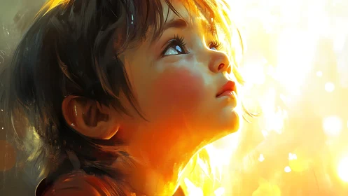 Small dreamer leans into a flood of impossible golden light