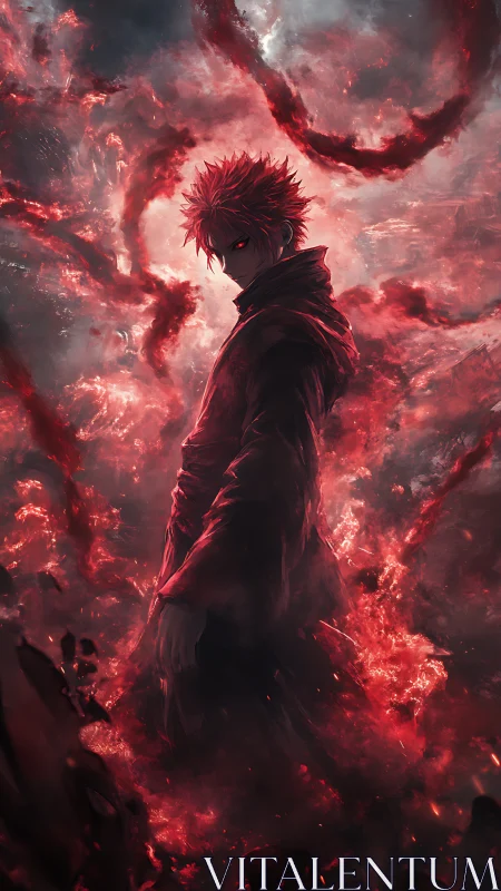 Male figure stands amid dense red energy clouds and smoke