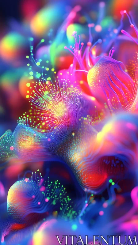 Digital macro render depicts neon filament clusters in motion