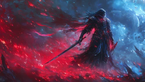 Armored void knight in bifurcated red blue astral maelstrom