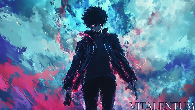 Silhouetted figure in jacket amid abstract neon background.