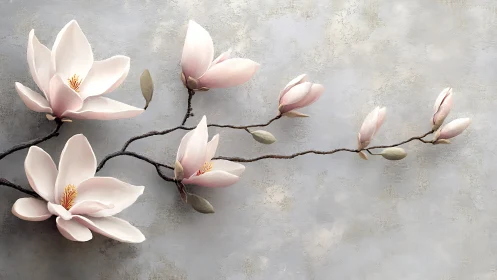 Magnolia Branch with Blooms Against Textured Gray Background