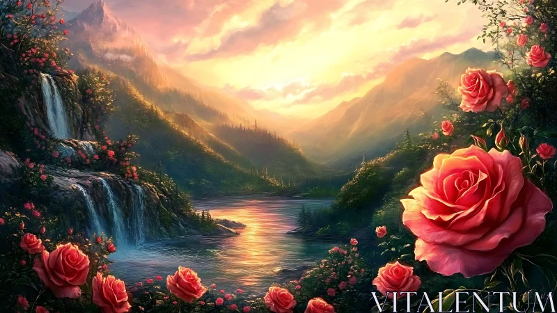 Glowing roses welcome sunrise over a tranquil waterfall valley