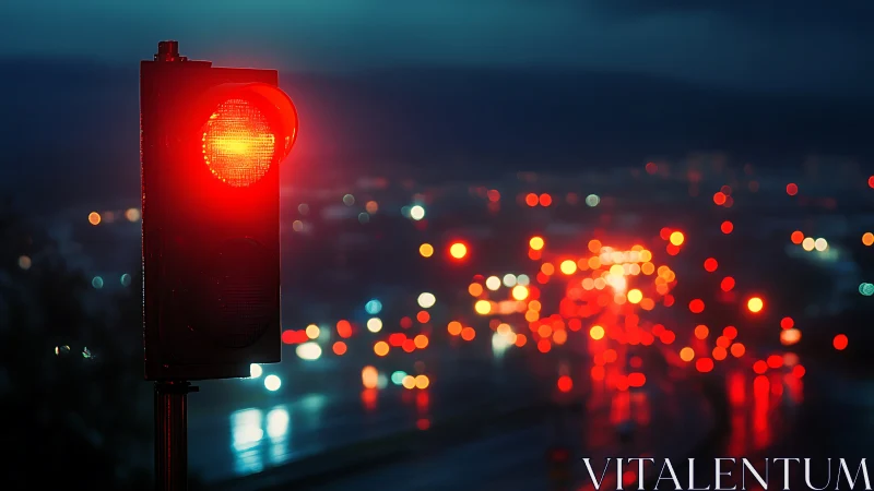 Red traffic signal at dusk with defocused urban car lights