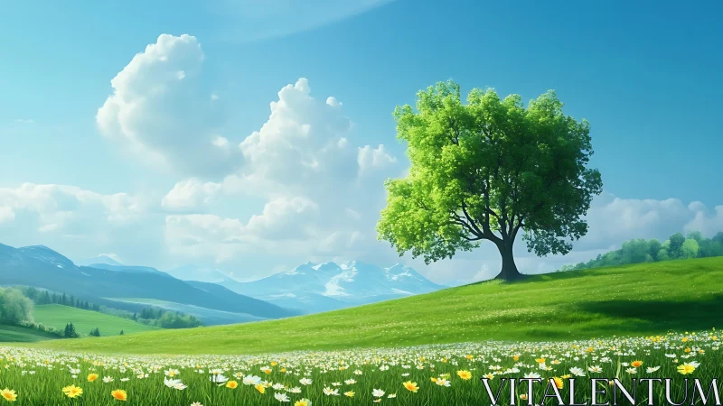 Solitary springtime tree crowns a meadow of drifting light