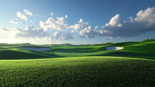 Sunlit golf fairway with rolling greens and sand bunkers.