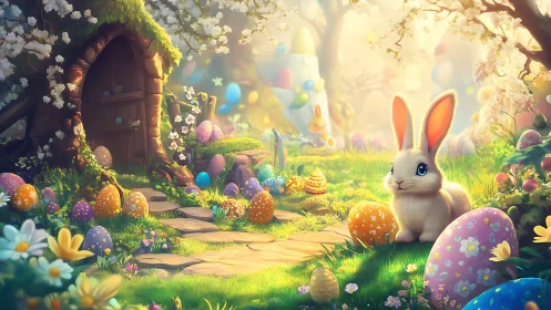 Easter bunny guards enchanted forest path of glowing eggs.