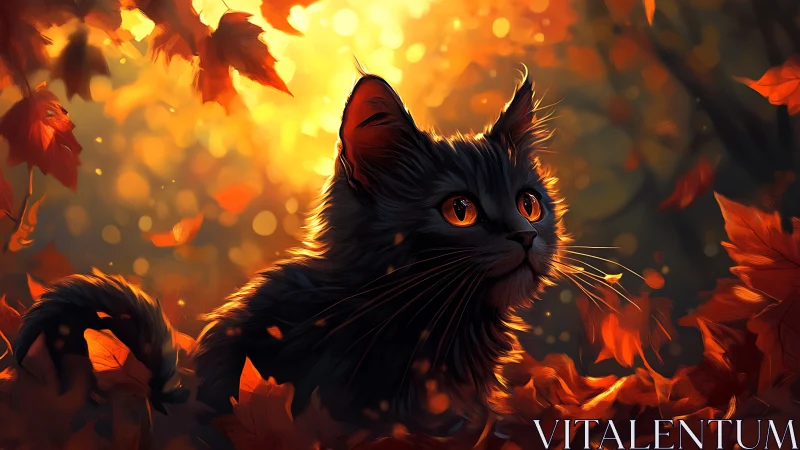 Black Cat with Fiery Autumn Leaves and Golden Glow