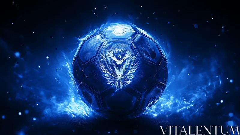 Glowing blue soccer ball radiates flaming energy in darkness