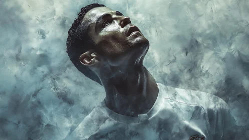 Moody close-up of intense male athlete in smoky light.