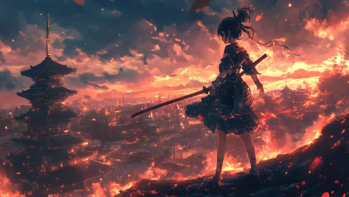 Lone anime warrior surveys a burning city at fiery dusk
