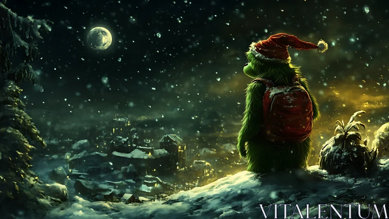 Green furry figure in Santa hat over snowy town at night.