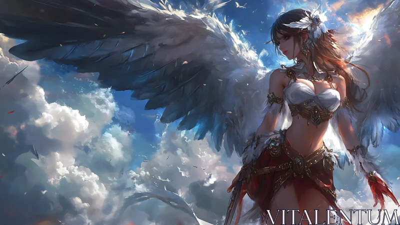 Storm-lit winged goddess pauses above the thunder-draped clouds