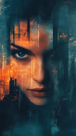 Cyberpunk portrait fused with vertical neon cityscape matrix.