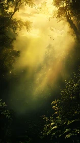 Sunlit mist drifts through an emerald dream-forest veil.