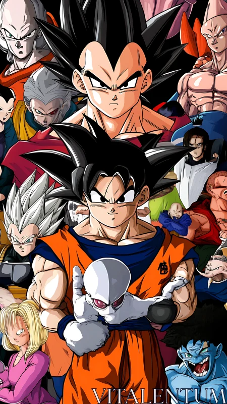 Vertical collage arranges multiple anime fighters in layers