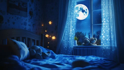Children’s bedroom with moonlit window and soft toys.