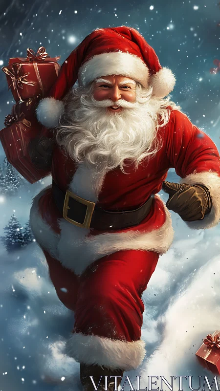 Santa Claus figure running through snow with gift sack.