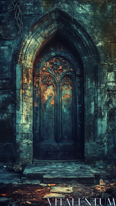 Gothic rusted doorway brooding in moss-touched twilight stone.