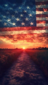 Sunlit road to horizon draped in translucent American flag.