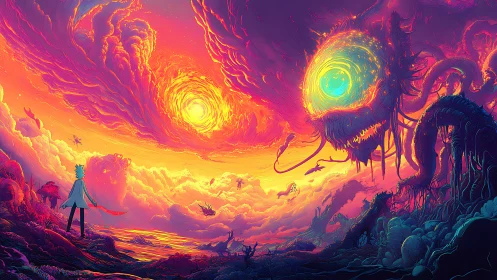 Bioluminescent vortex deity confronts lone figure in neon stormscape