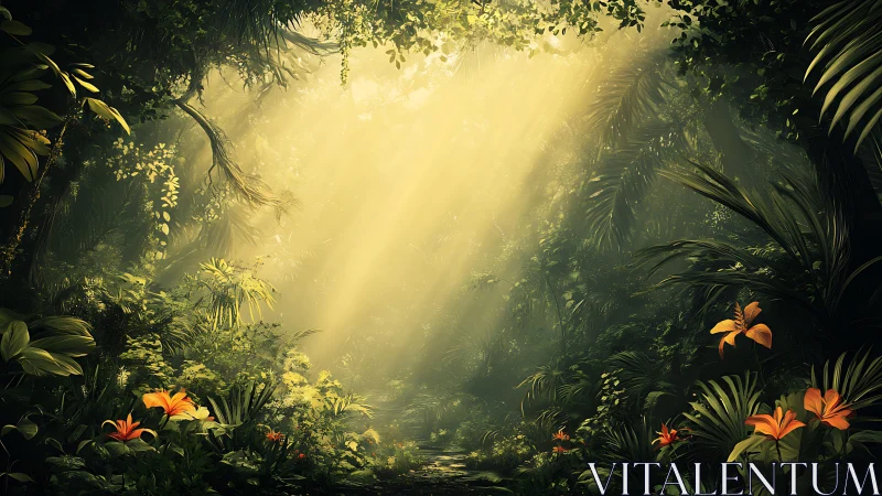 Luminous jungle glade with volumetric light and orange blooms.