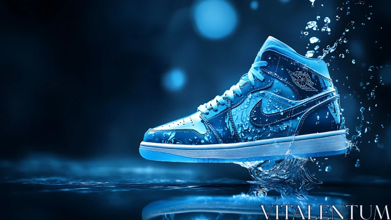 Cool blue sneaker splashing through water in dynamic motion.