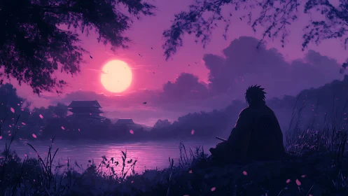 Samurai silhouette by river under large violet sunset sky.