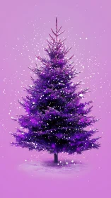 Vibrant magenta fir tree with snowfall on minimalist ground plane.