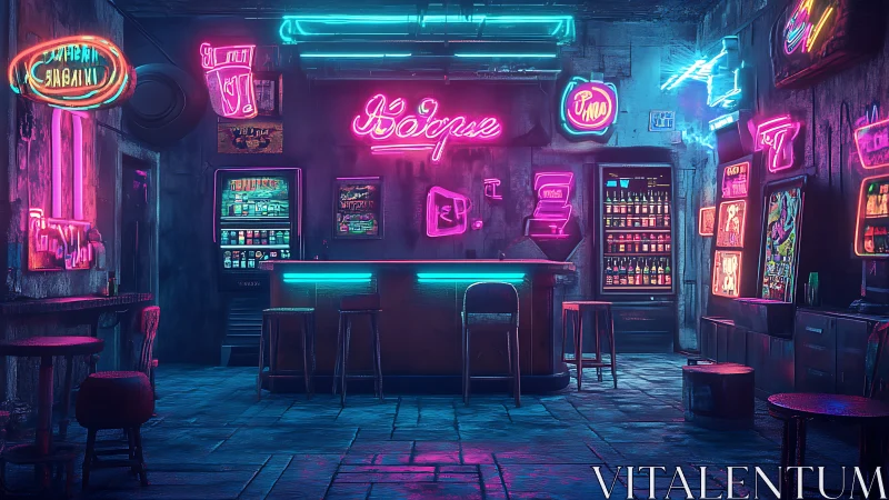 Neon cyberpunk bar interior glows with saturated nightlife light